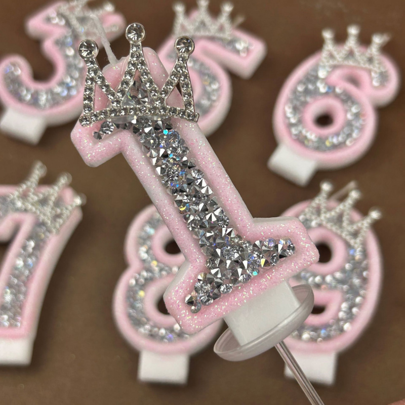 Holiday Candle Set - Lilin Digital 0-9 Pink Silver Rhinestone