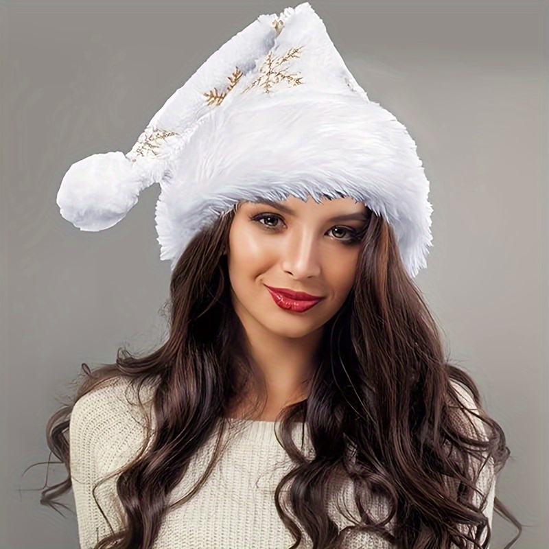 Santa Hat Plush - Topi Santa Bulu Putih Berhias Kepingan