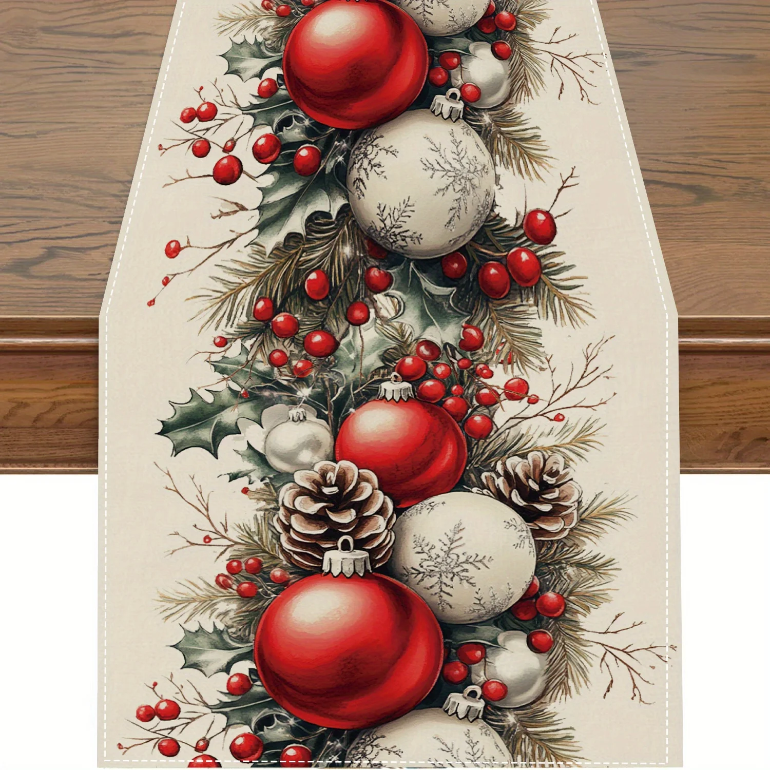 Christmas Table Runner - Taplak meja Linen kerucut pinus bola