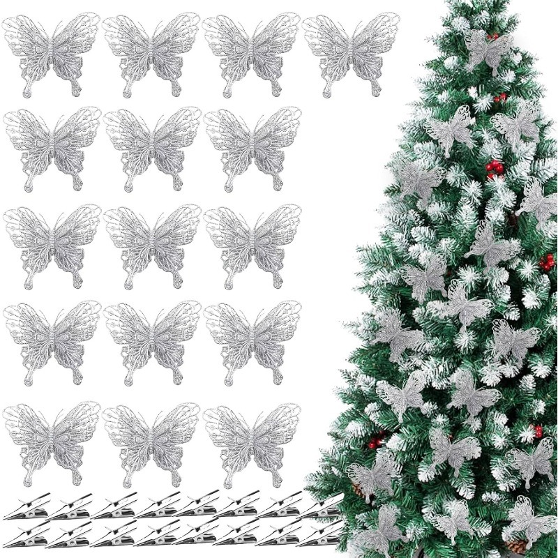 Christmas Wreath Fake - Klip Kupu-kupu Berongga Berkilau Perak Hiasan